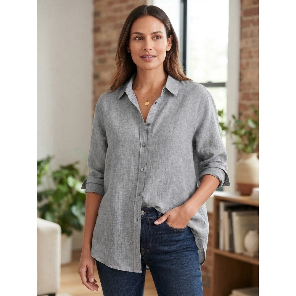 Eileen Fisher 100% Organic Linen Button Short Long Sleeve Collared Size XL Gray